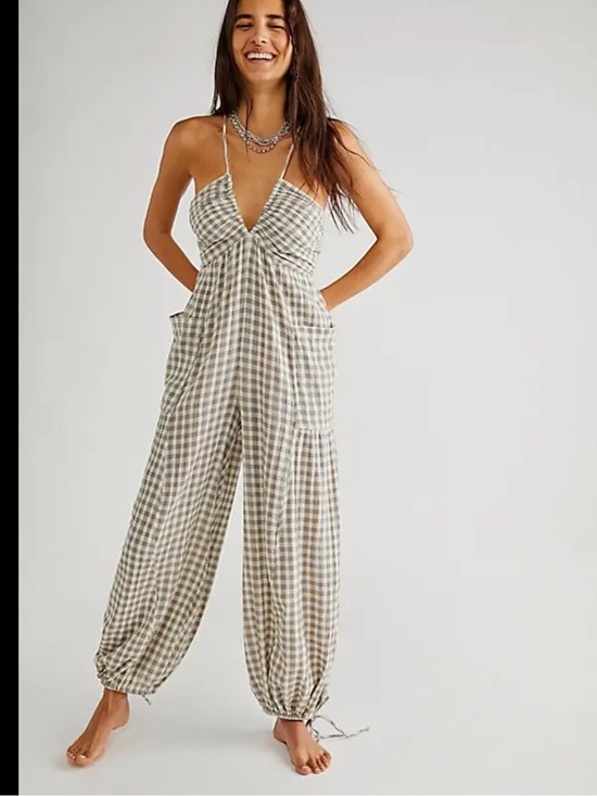 Free People Pants - Free People Sundaze For Surfing Jumpsuit Vintage Khaki Gingham Plaid